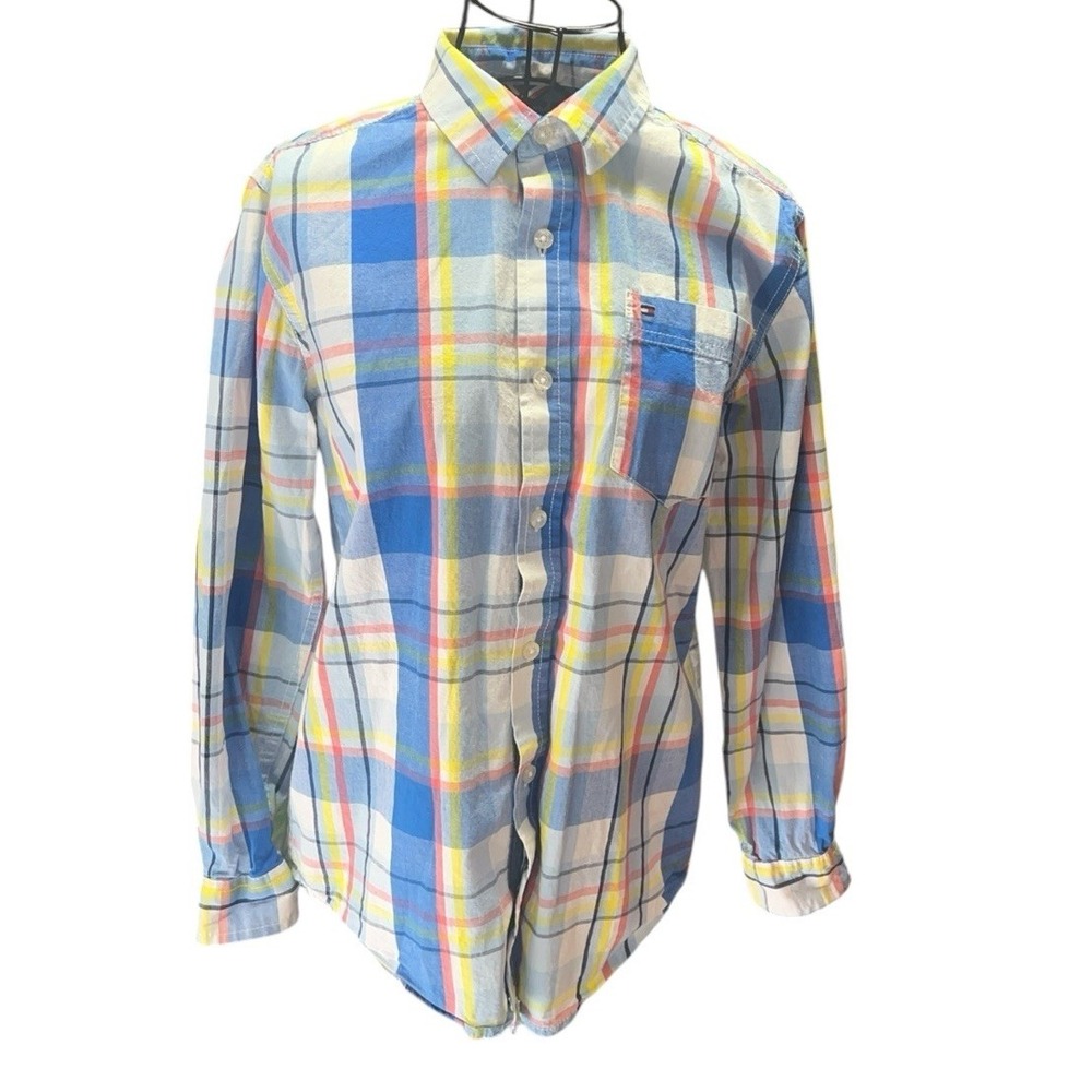 Tommy Hilfiger Youth Boys Shirt Blue Yellow Plaid Long Sleeve Button Up Size L‎